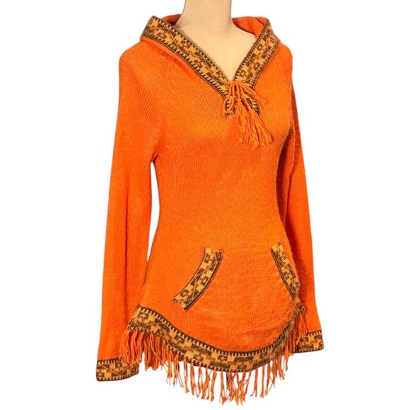 VTG 100% Alpaca Hooded Fringe Sweater Sz.S Orange Cabin Aztec Western Cowgirl - Picture 10 of 14